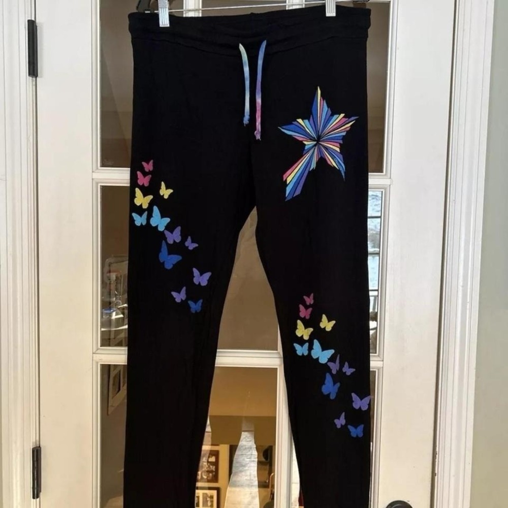 Lauren Moshi Mini Rainbow Butterflies Black Joggers Sweatpants NWOT Large